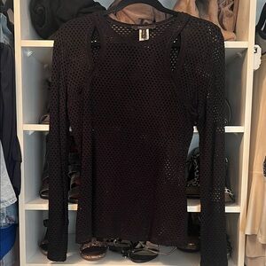 BCBGMaxAzria Black Perforated Long Sleeve Top